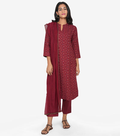 Maroon Embroidered Cotton Linen Suit Set