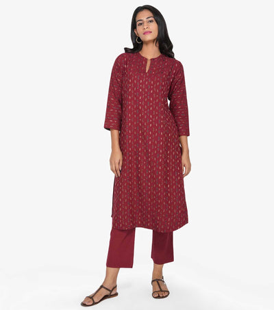 Maroon Embroidered Cotton Linen Suit Set