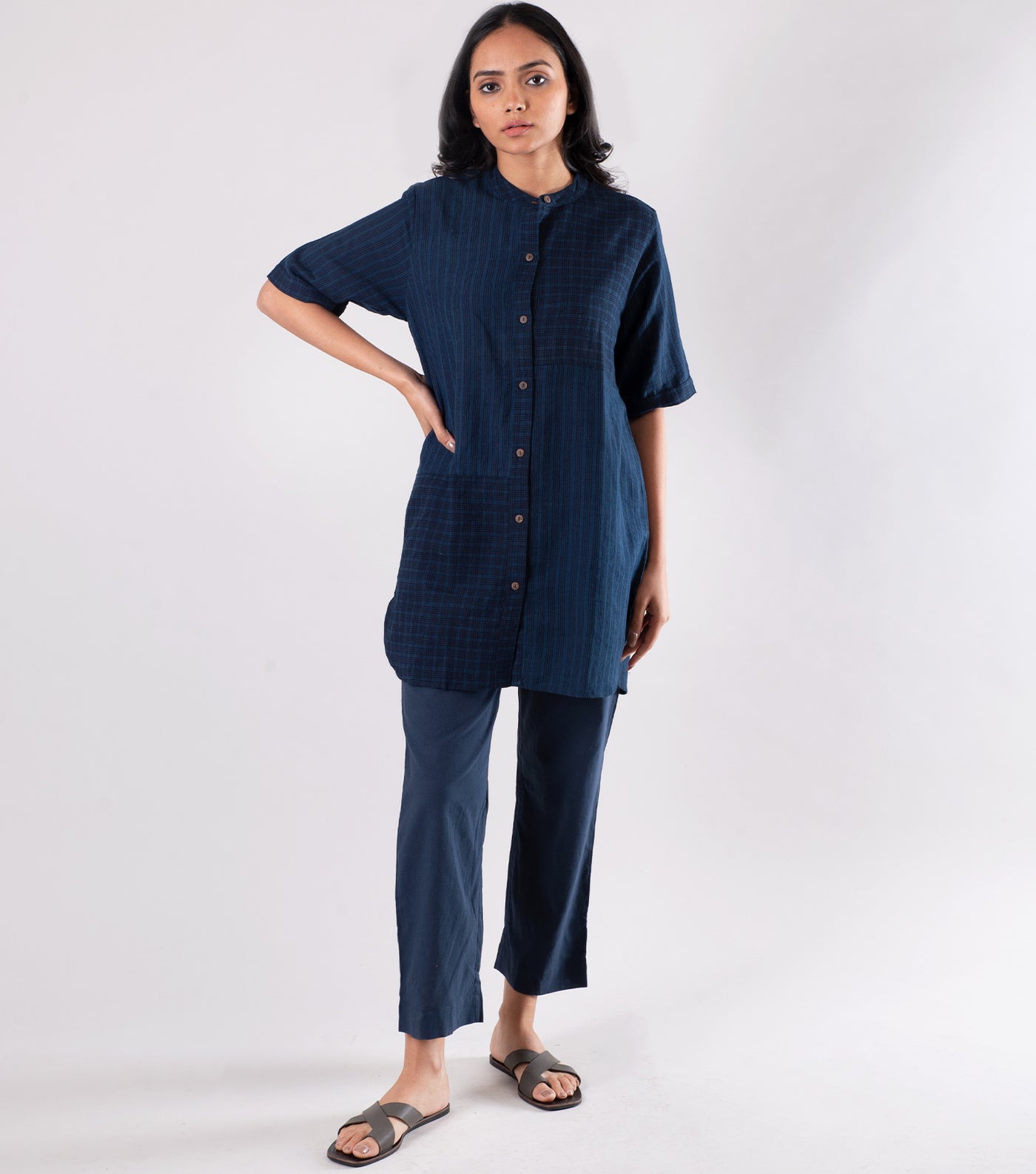 Navy Blue Khadi Printed Shirt