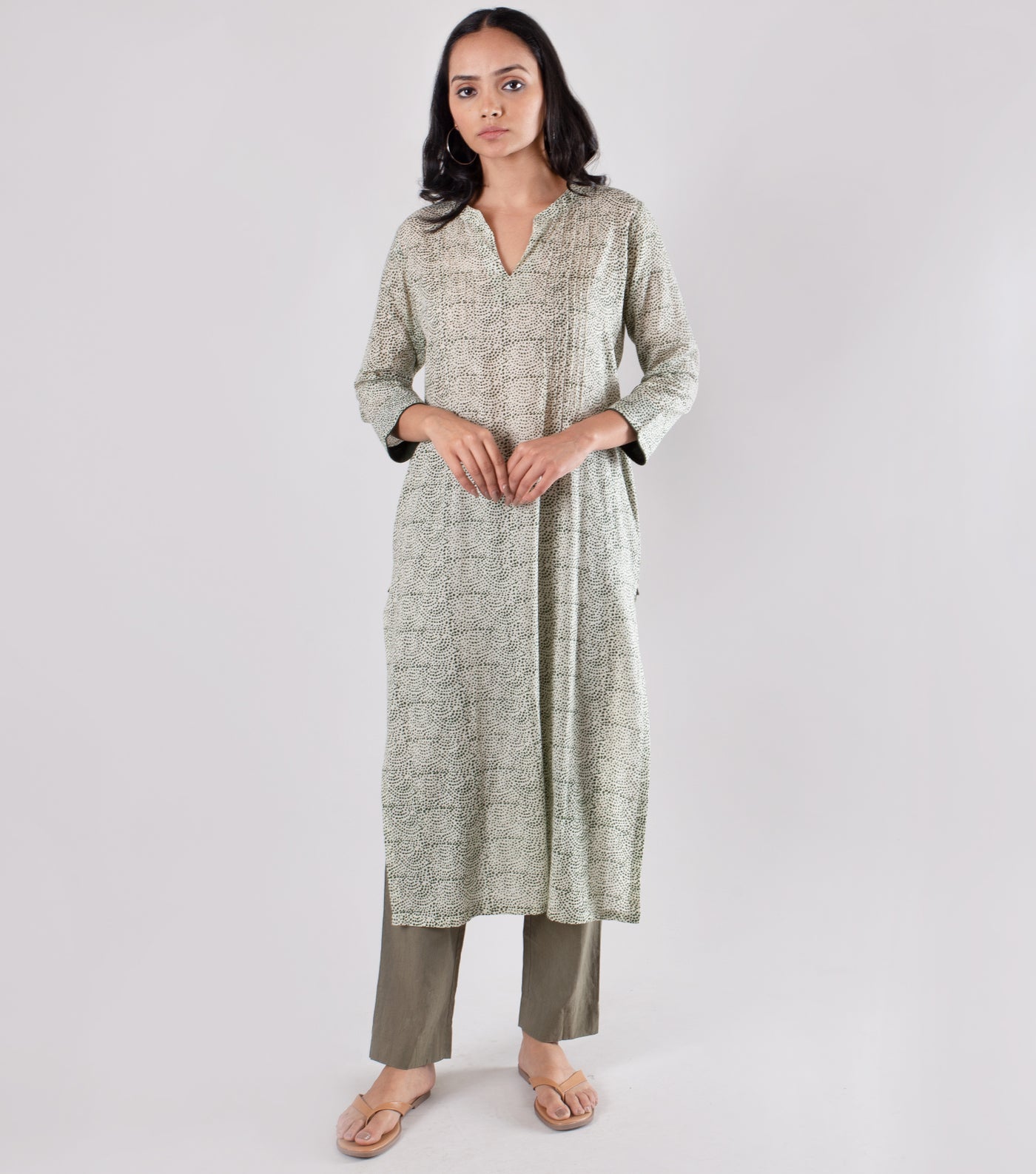 Dull Green Printed Cotton Kurta with Pants Set