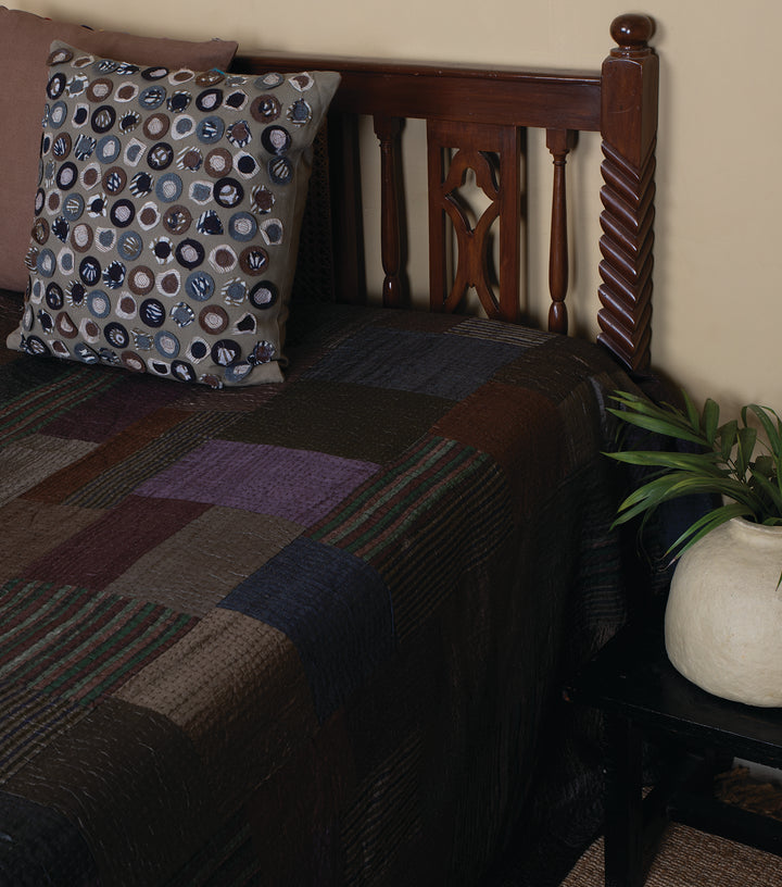 Brown Kantha Cotton Silk Bedcover