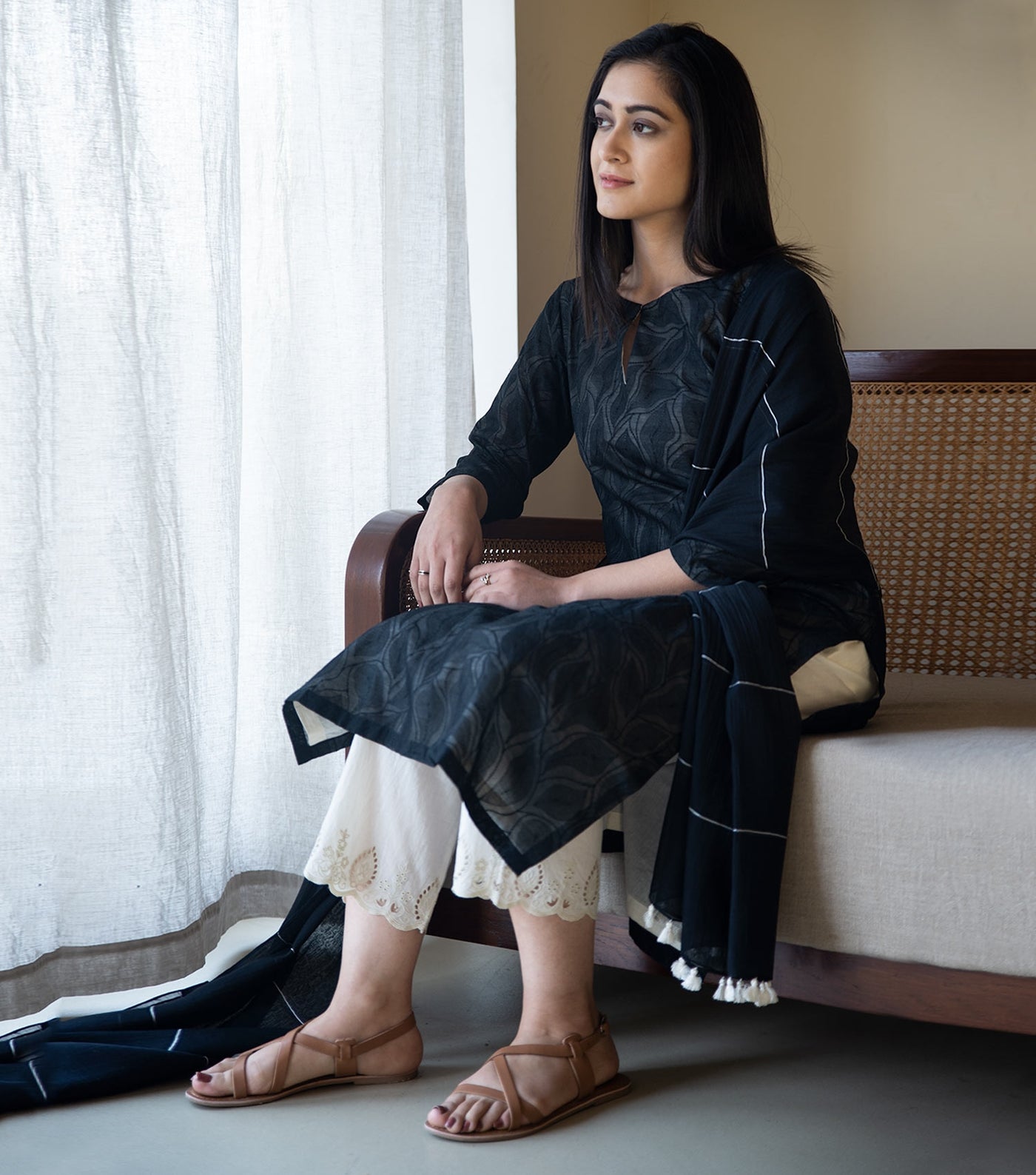 Black Embroidered Chanderi Kurta & Dupatta Set