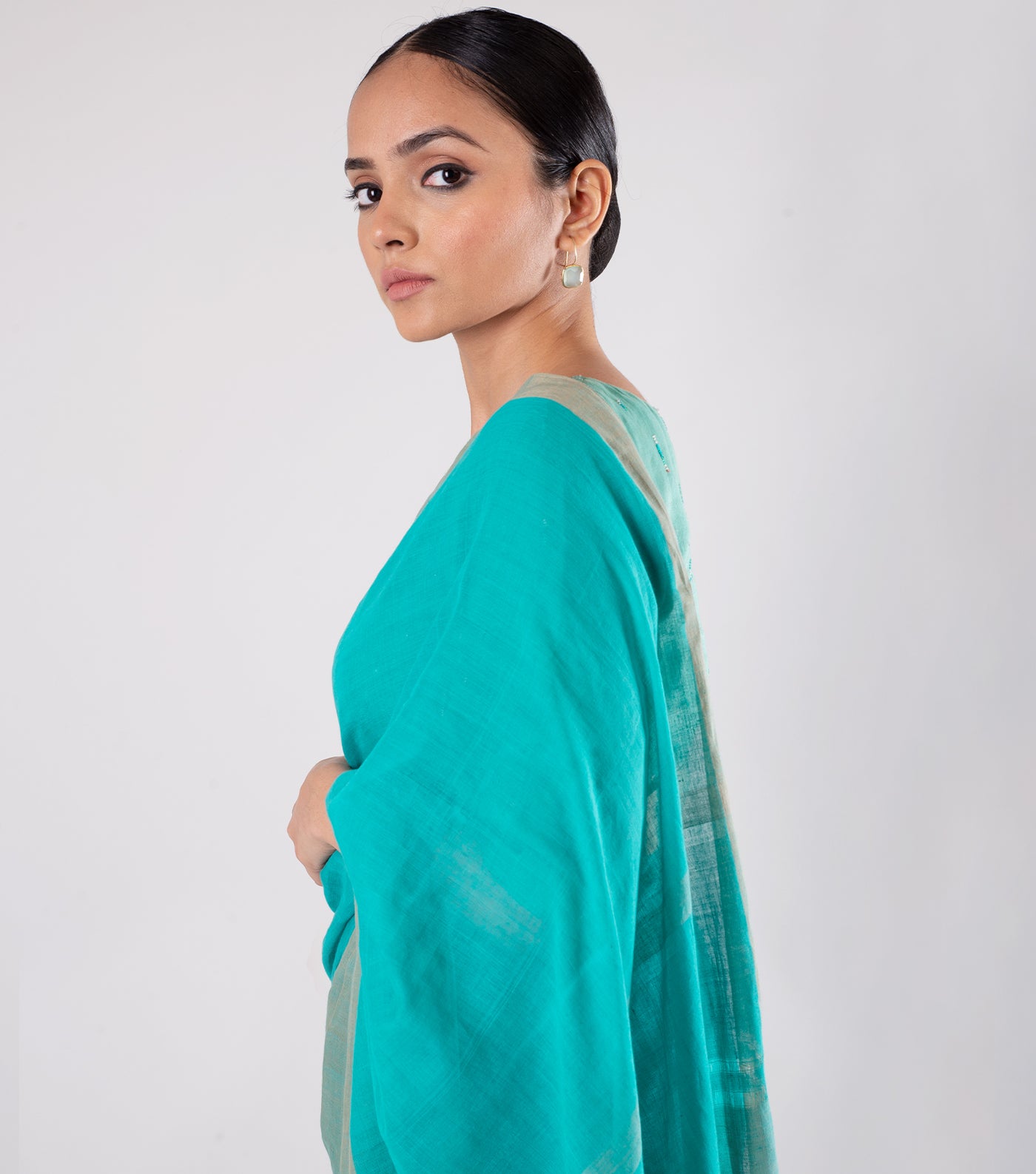 Turquoise Handwoven Linen Saree