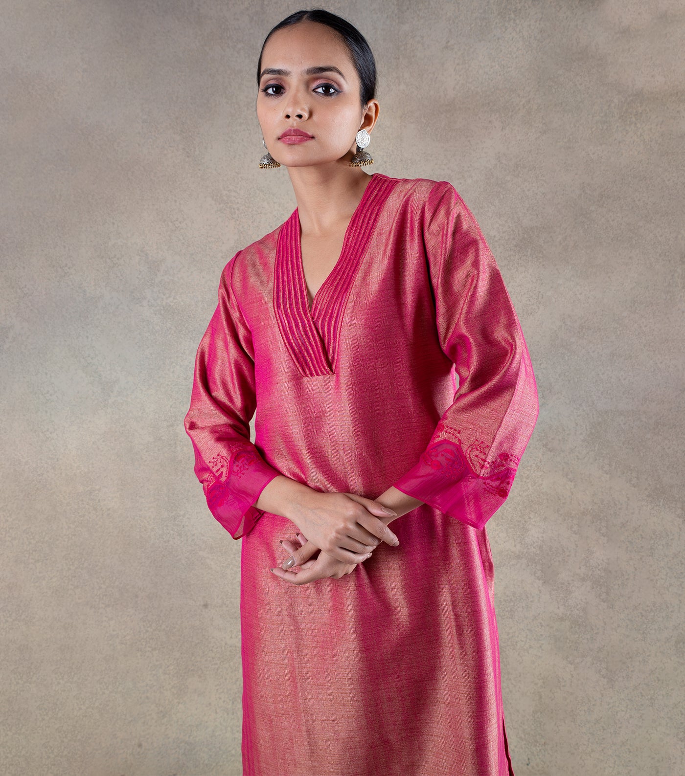 Buy Pink Brocade Chanderi Kurta with Pants Set of 2   VJ86MAR101KPREDVJ86MAR  The loom