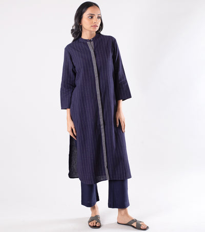 Navy Blue Khadi Printed Kurta