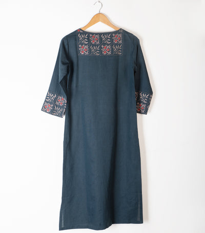 Charcoal Grey Embroidered Cotton kurta