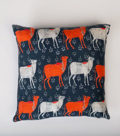 Navy Blue Printed Cotton Cushion Cover