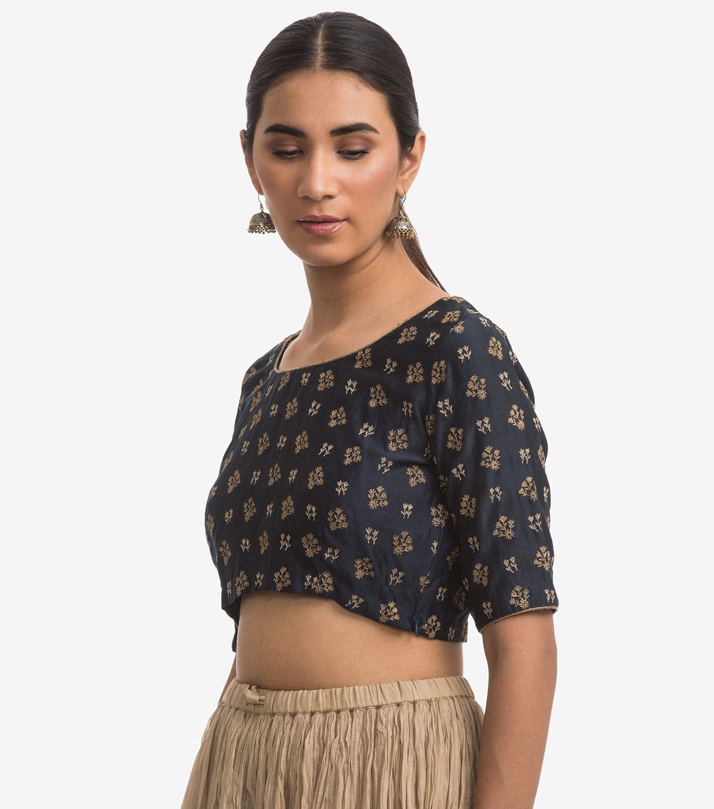 Navy Blue Embroidered Chanderi Blouse