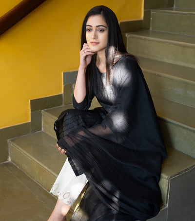 Black Embroidered Cotton Silk Kurta & Dupatta Set