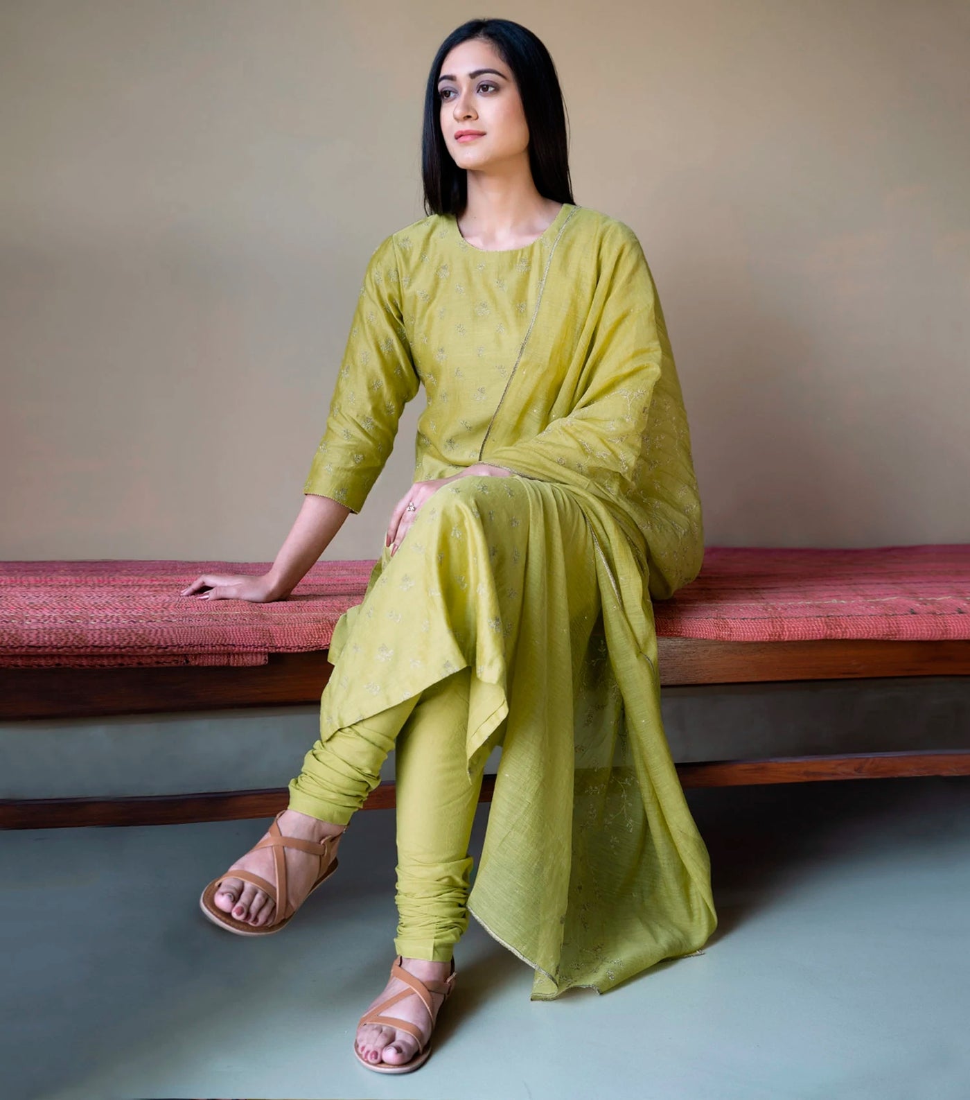 Greenish-Yellow Zari Embroidered Suit Set