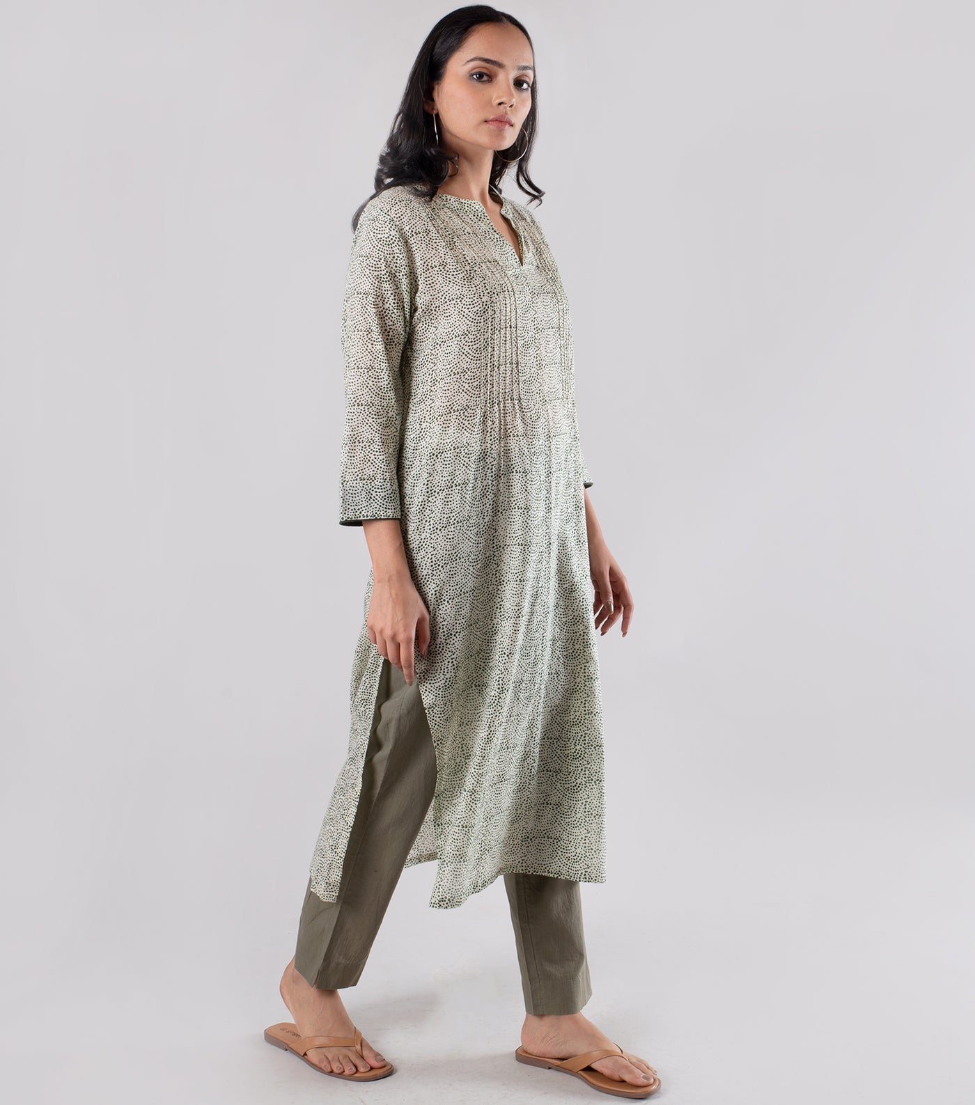 Dull Green Printed Cotton Kurta with Pants Set