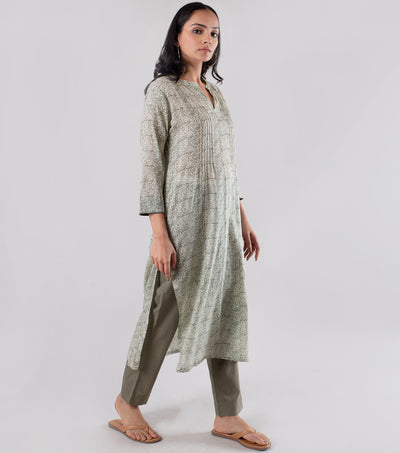 Dull Green Printed Cotton Kurta with Pants Set
