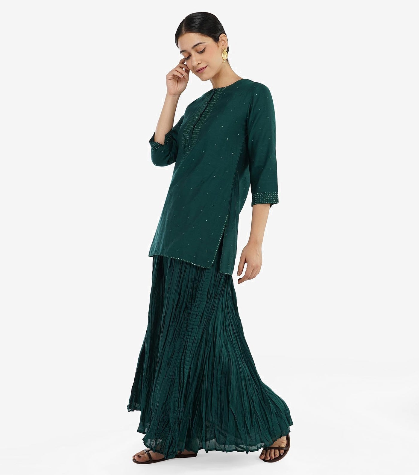 Emerald Green Chanderi Kurta with Skirt - Set of 2