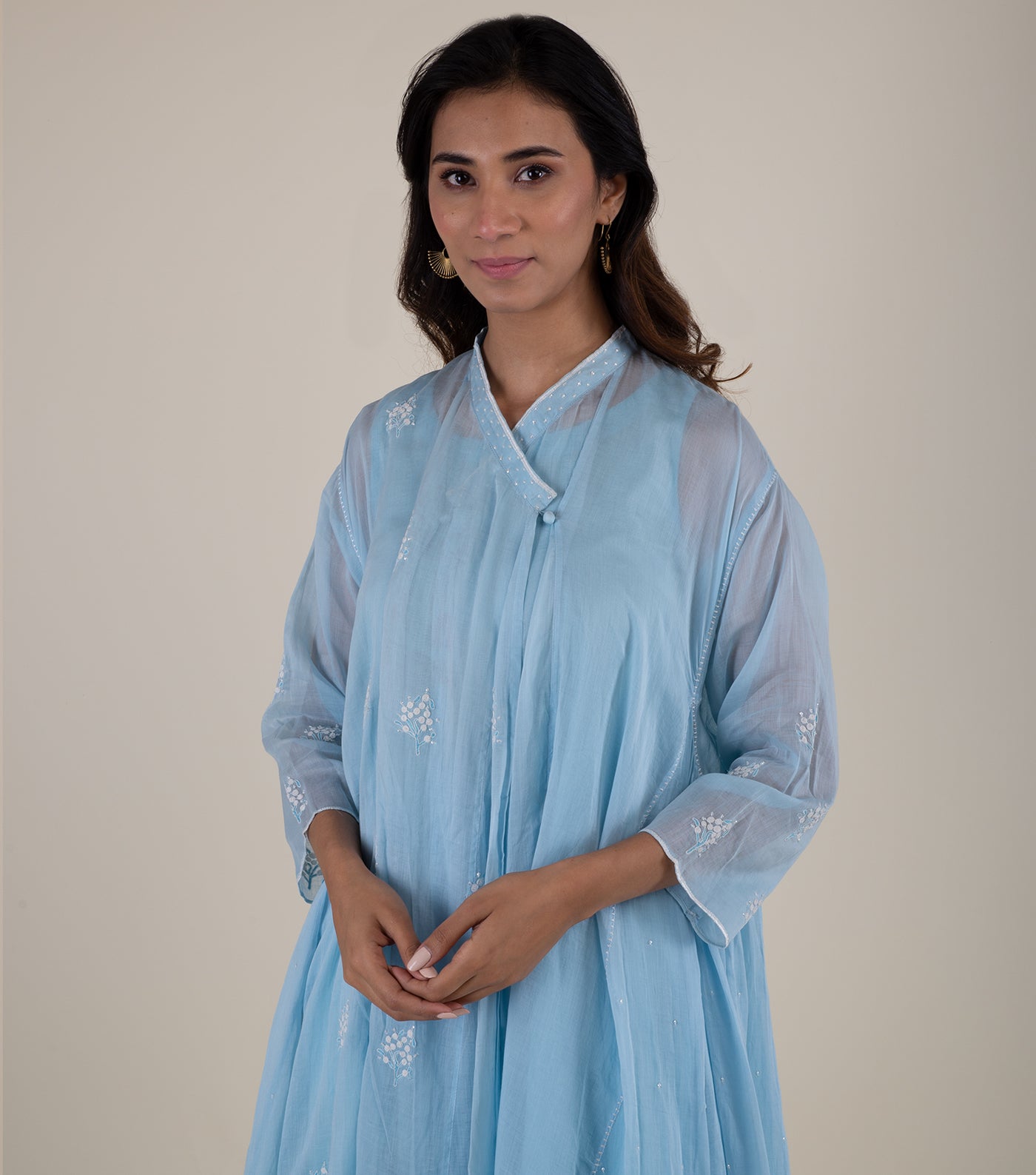 Blue embroidered cotton choga