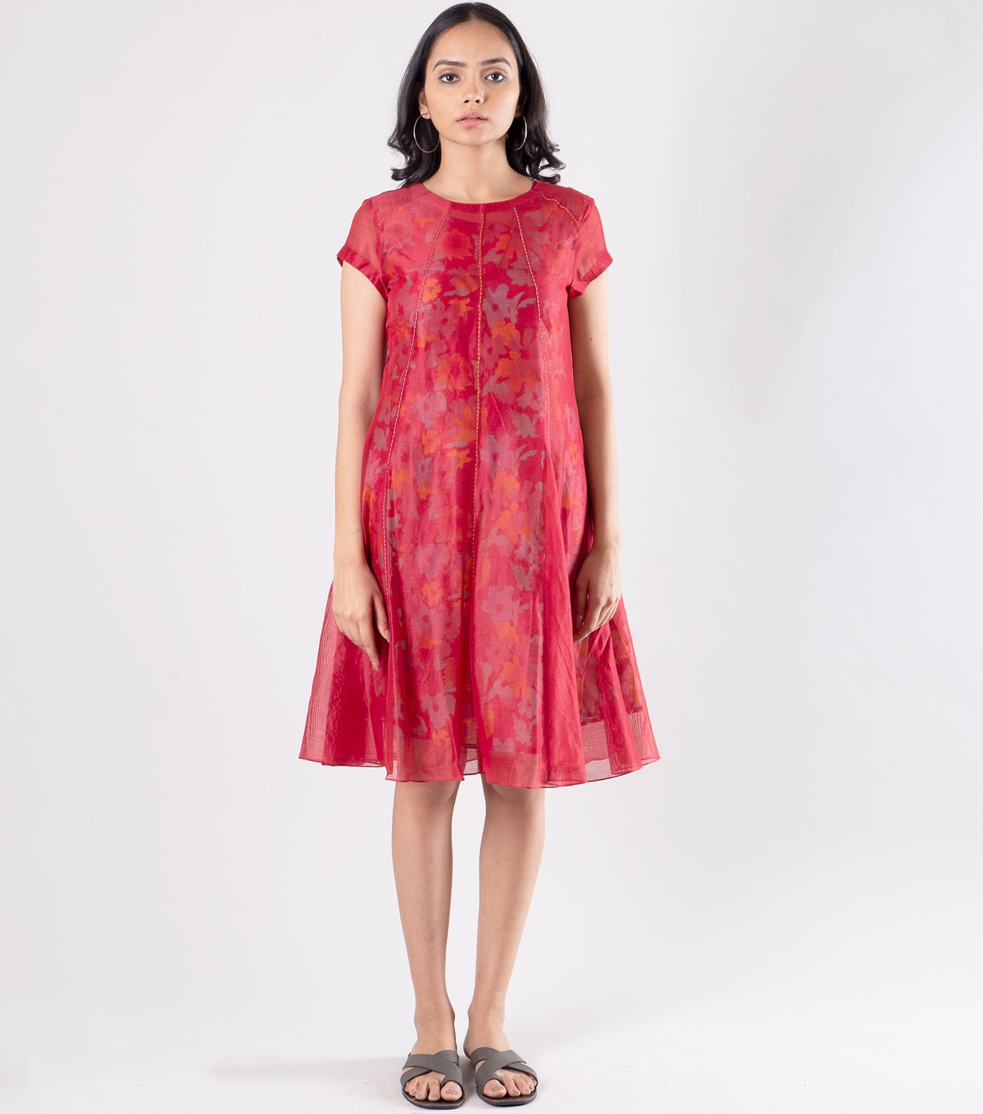 Red Chanderi Dress with Printed Slip