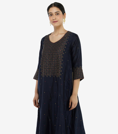 Navy Blue Zari Embroidered Chanderi Kurta & Cotton Pants Set