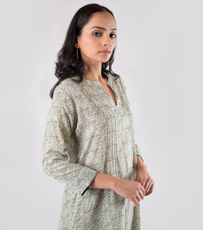 Dull Green Printed Cotton Kurta with Pants Set
