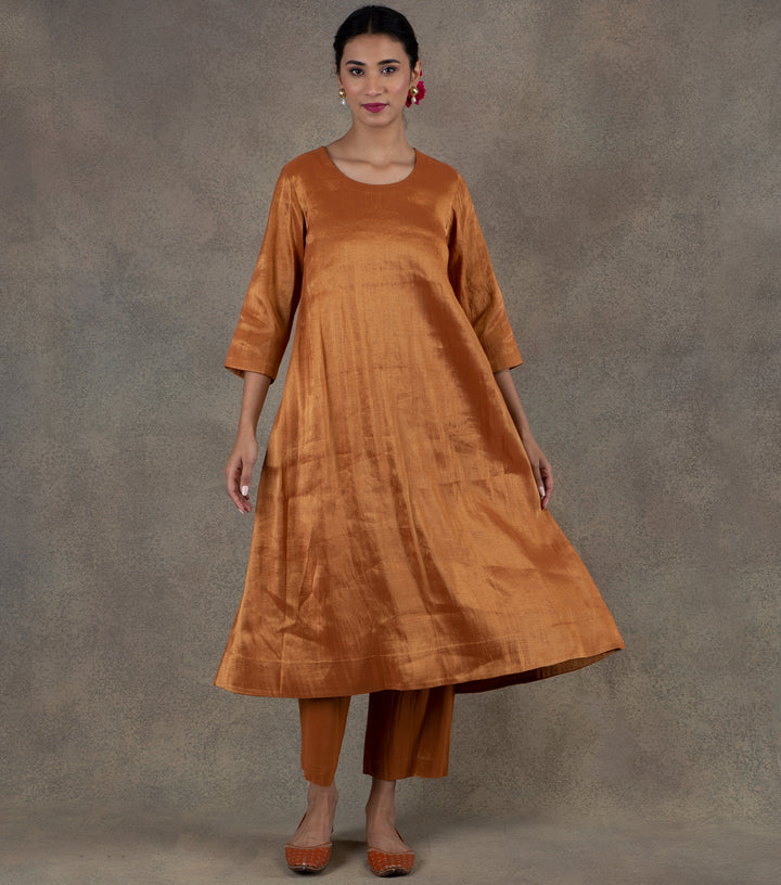 Orange Tissue Flared Kurta & Palazzo Pants Set