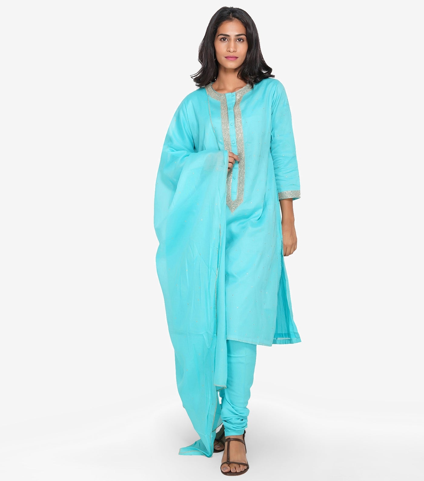 Sky Blue Embroidered Chanderi Suit Set