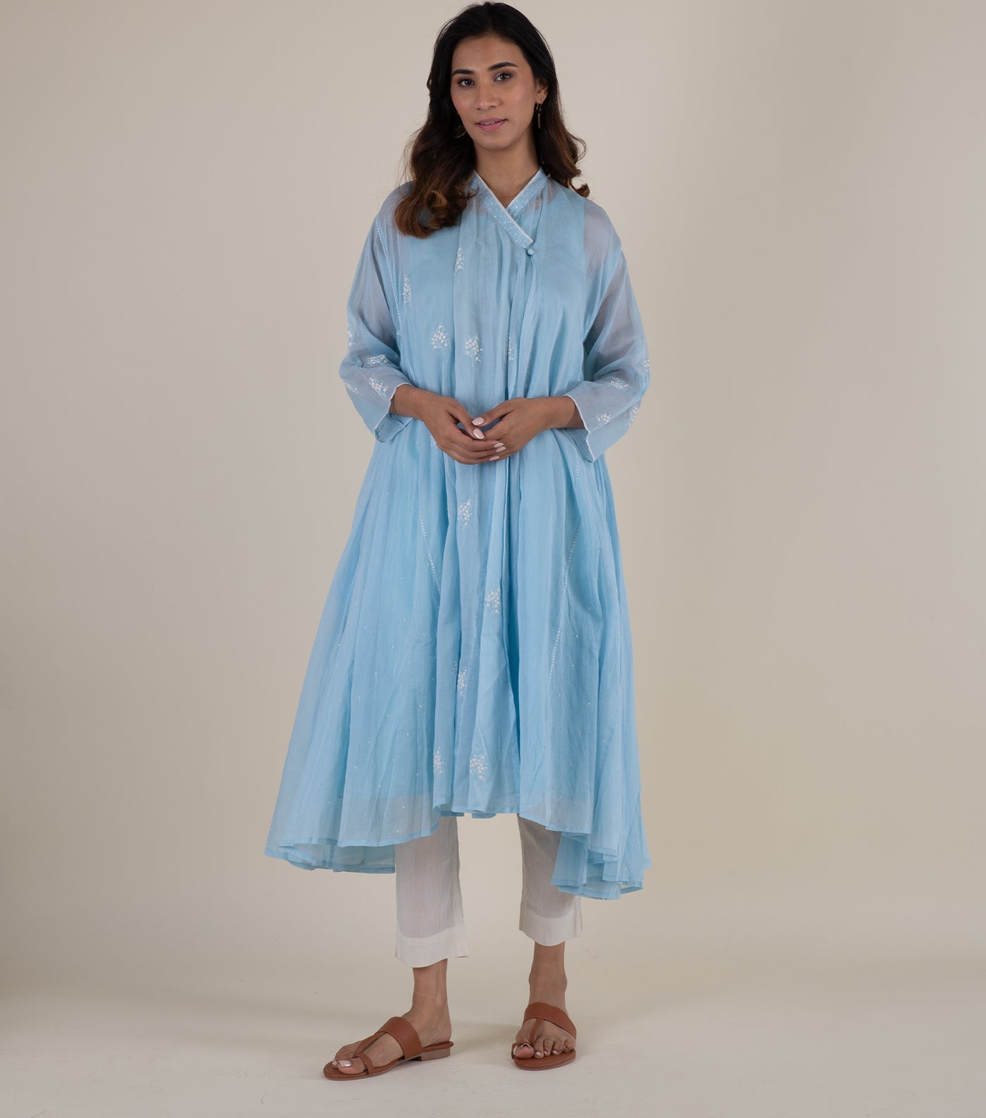Blue embroidered cotton choga