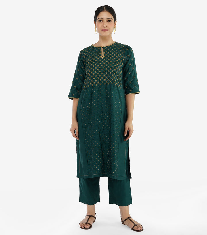 Emerald Green Embroidered Chanderi Kurta with Pant Set