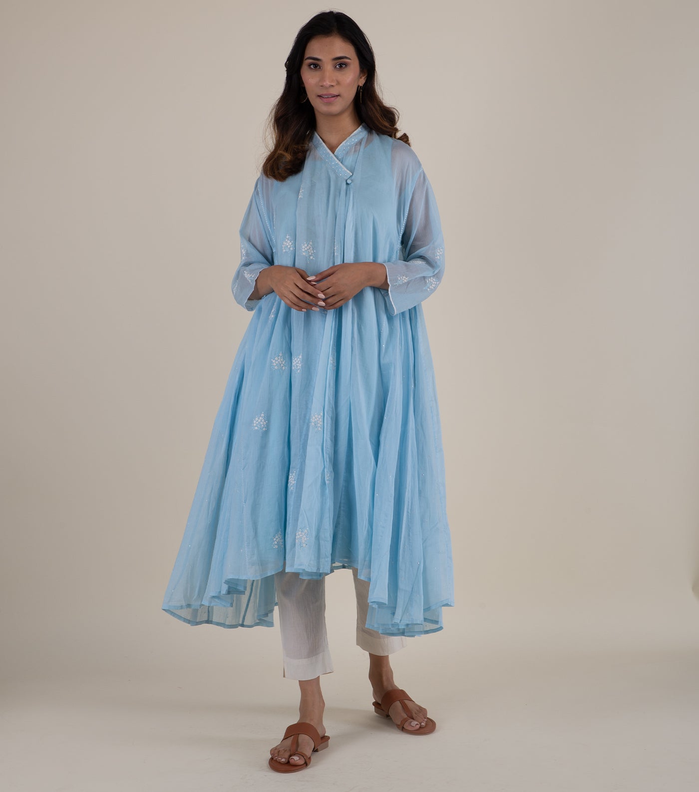 Blue embroidered cotton choga