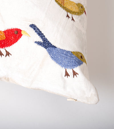 Off White Bird Embroidered Velvet Cushion Cover