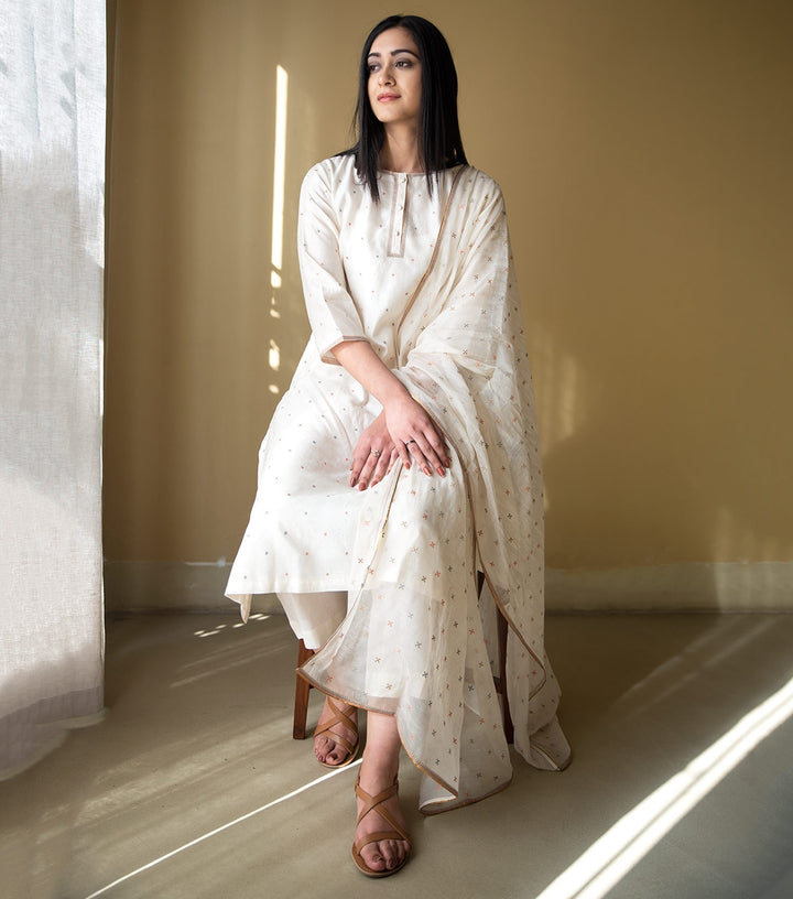 Natural Chanderi embroidered kurta Set