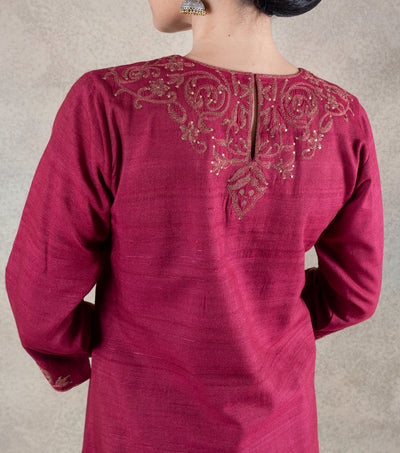 Maroon Hand Embroidered Tussar Cotton Kurta with Cotton Pants - Set of 2