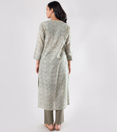 Dull Green Printed Cotton Kurta with Pants Set
