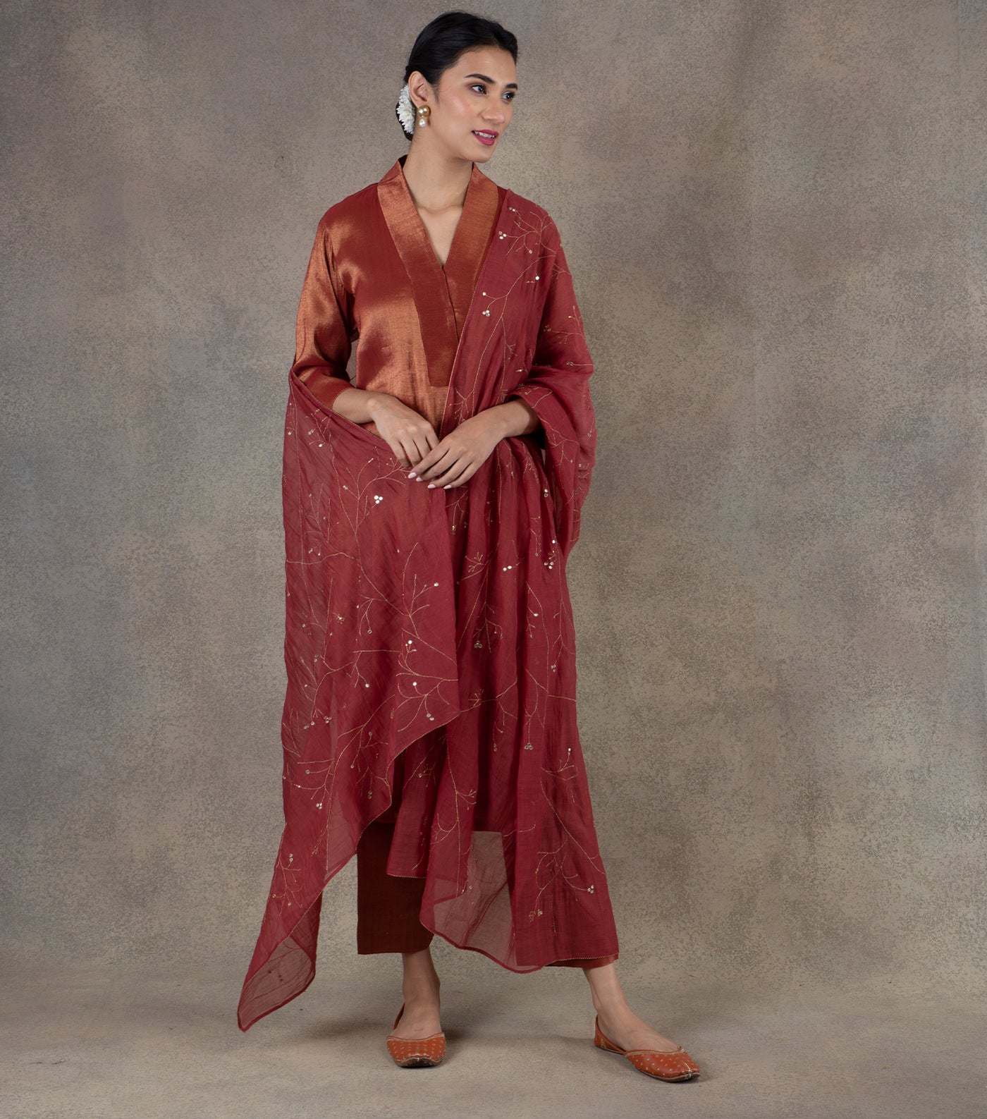 Maroon Embroidered Chanderi Dupatta