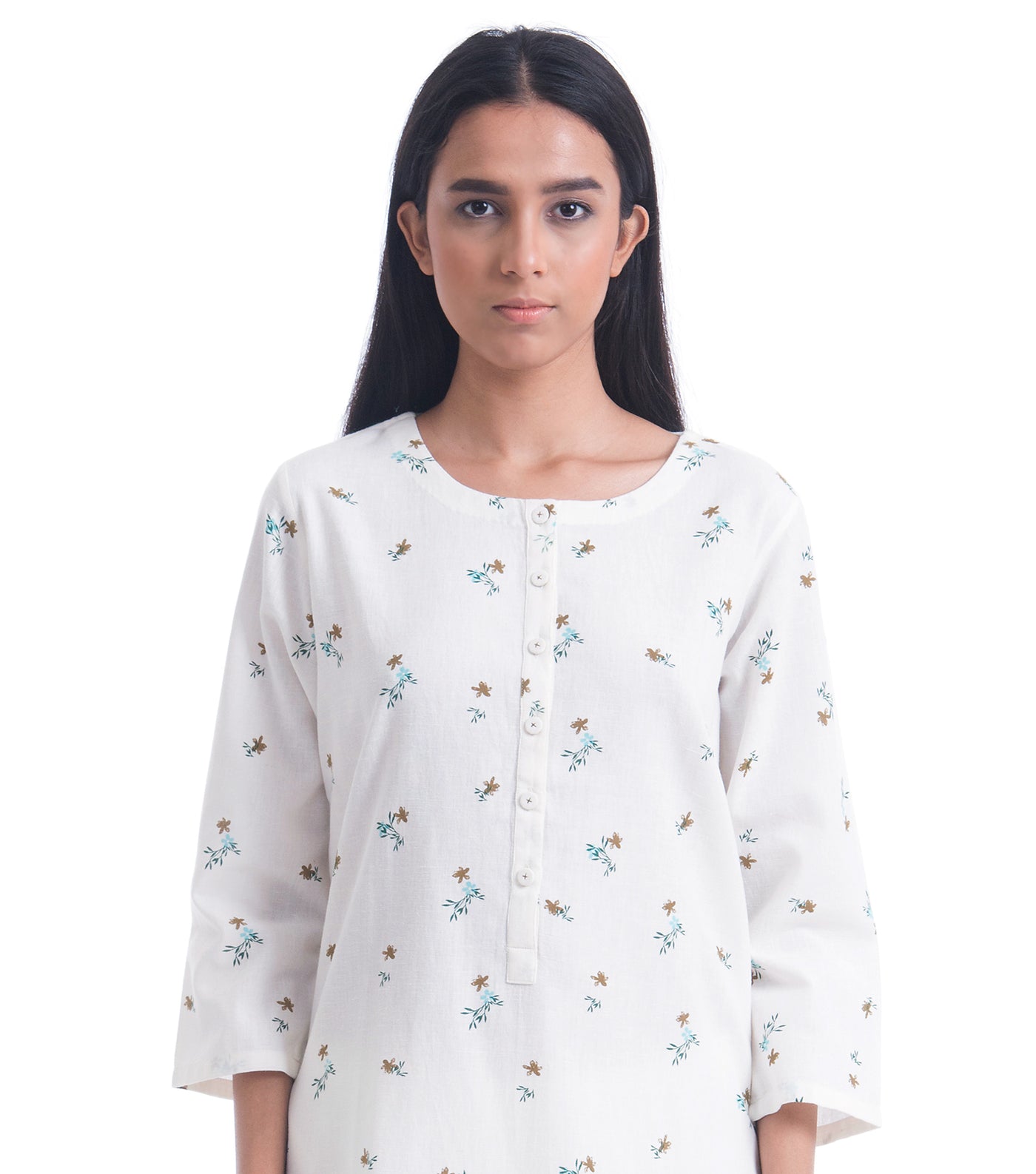 White Cotton Linen floral Printed Kurta