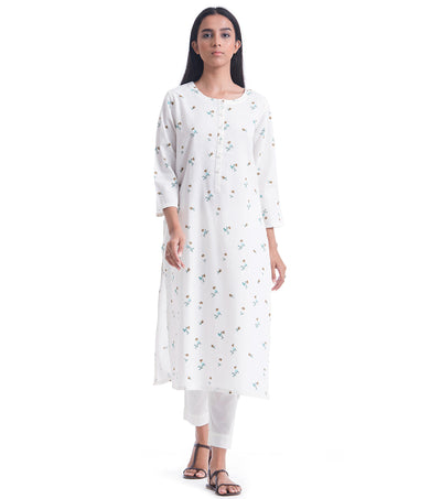 White Cotton Linen floral Printed Kurta