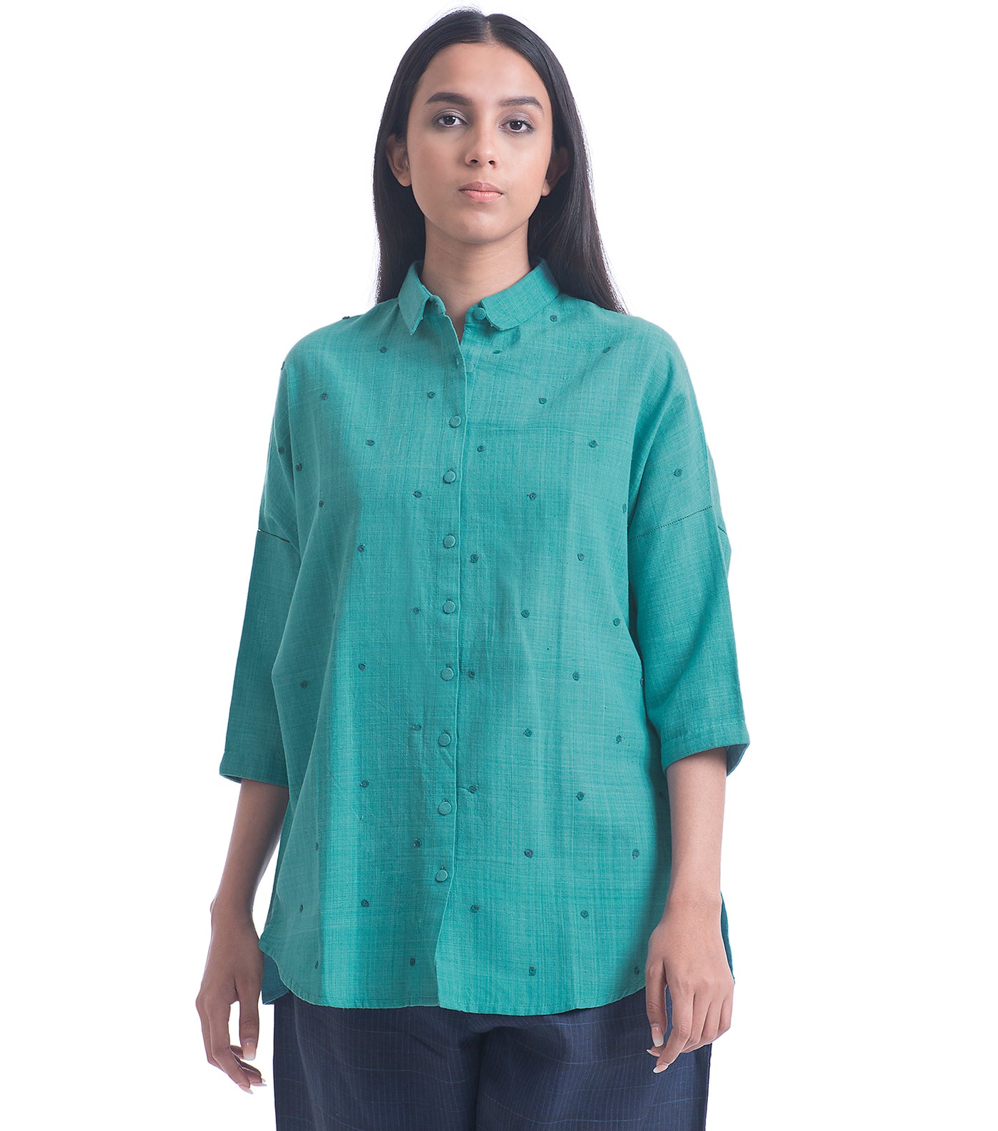 Teal Embroidered Khadi Shirt