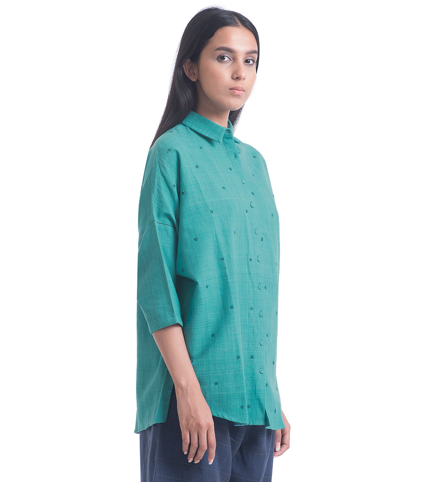 Teal Embroidered Khadi Shirt