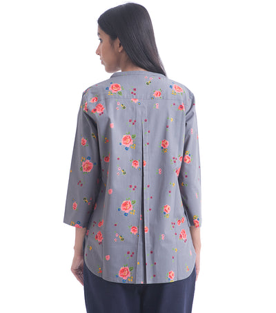 Floral printed grey cotton shirt