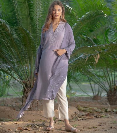 Mauve Cotton Silk Kurta & Dupatta Set