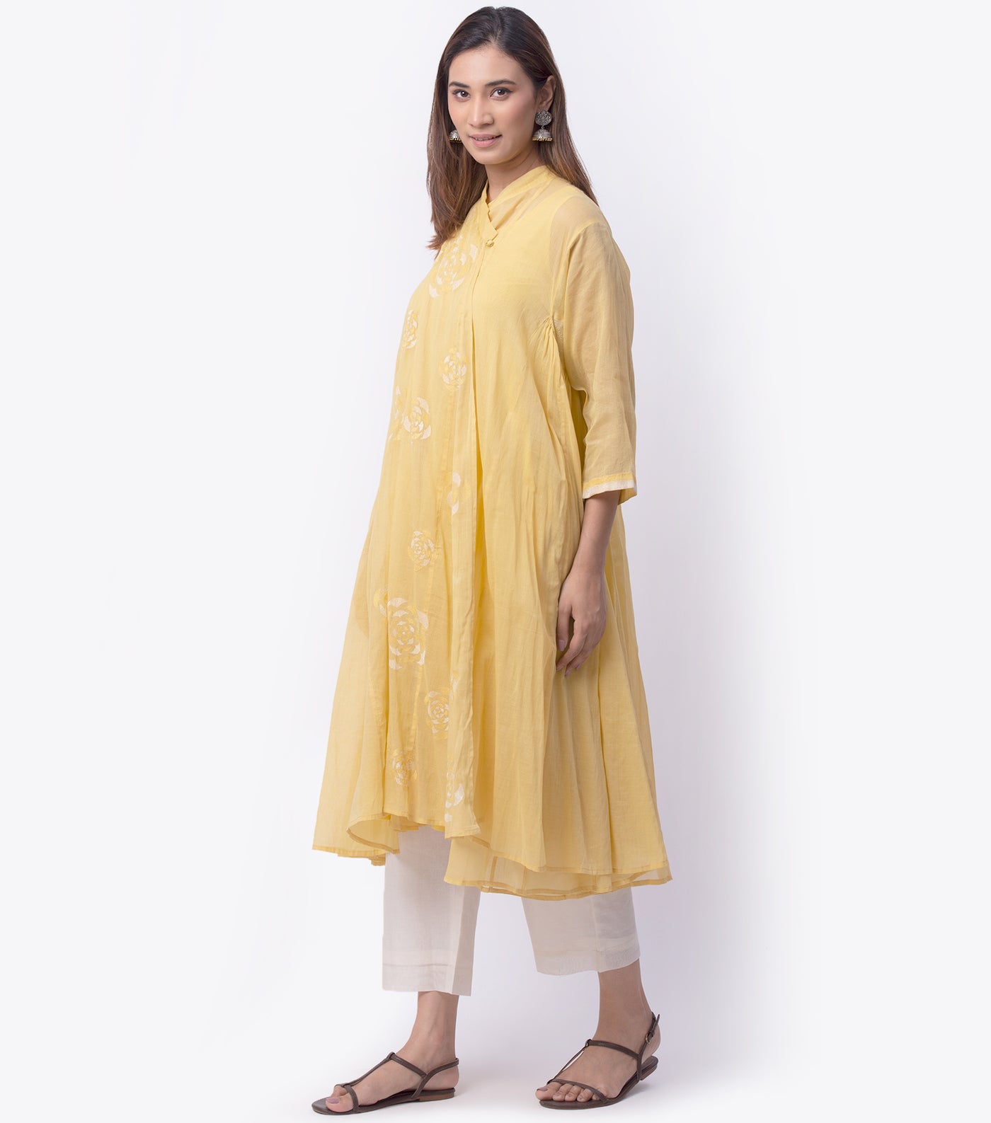 Yellow Embroidered Cotton Choga