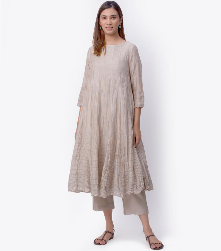 Light Beige Chanderi A-Line Kurta & Palazzo Pants Set