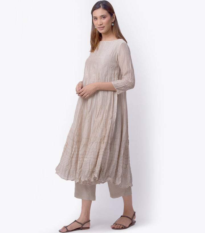 Light Beige Chanderi A-Line Kurta & Palazzo Pants Set
