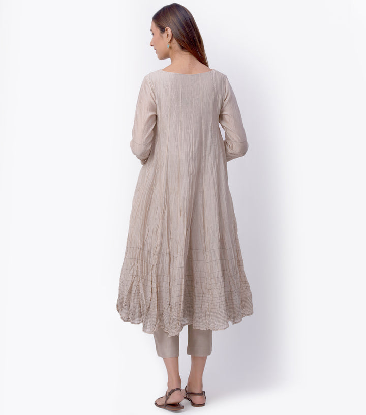Light Beige Chanderi A-Line Kurta & Palazzo Pants Set