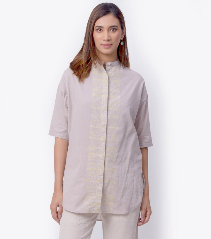 Beige Embroidered Cotton Shirt