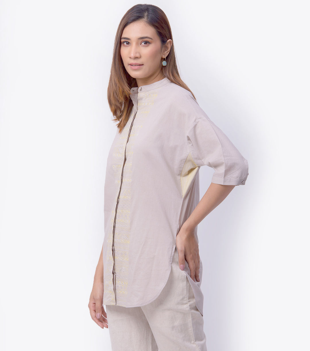 Beige Embroidered Cotton Shirt