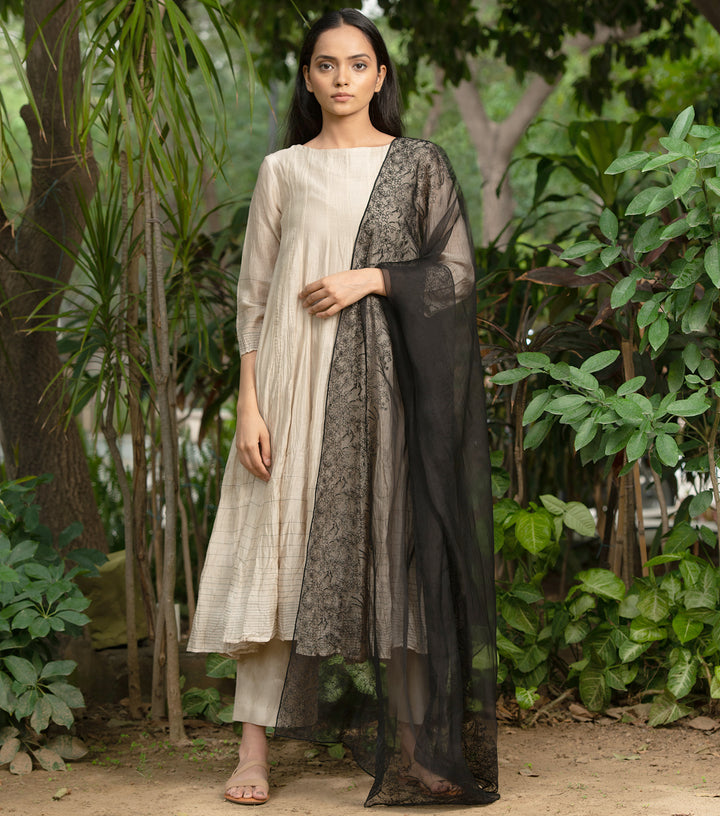 Light Beige Chanderi A-Line Kurta & Palazzo Pants Set