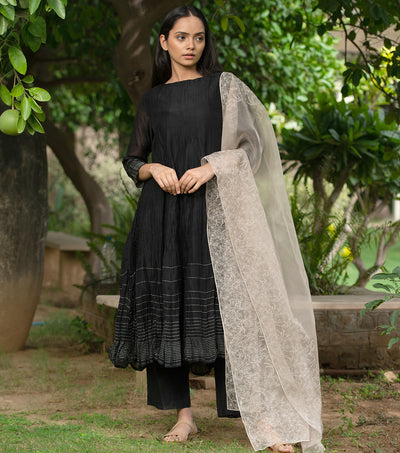 Black Chanderi A-Line Kurta Set