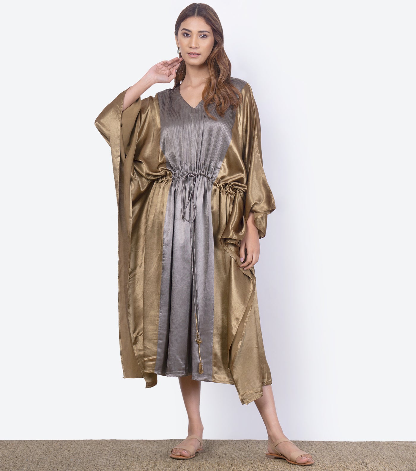 Grey & gold Mashru Silk Kaftan