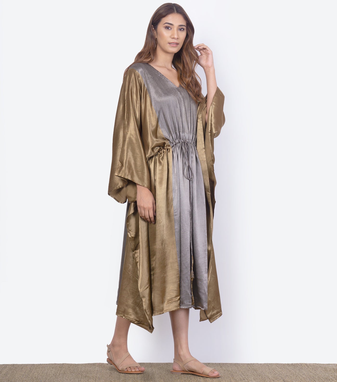 Grey & gold Mashru Silk Kaftan