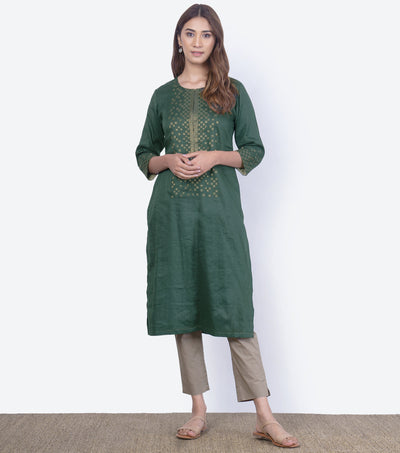 Deep Green Fine Linen Kurta