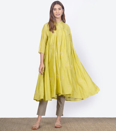 Yellow embroidered silk choga