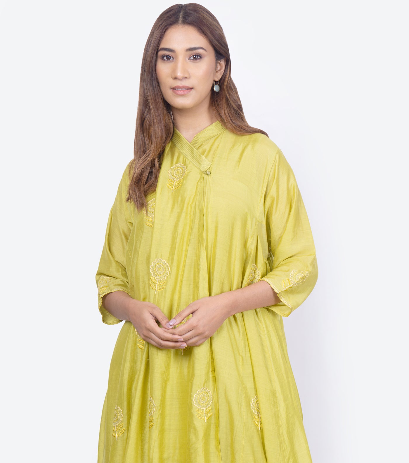 Yellow embroidered silk choga